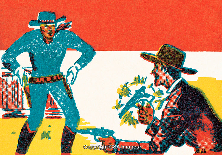 Vintage Illustration of a Western Gunfight with Cowboys in Action