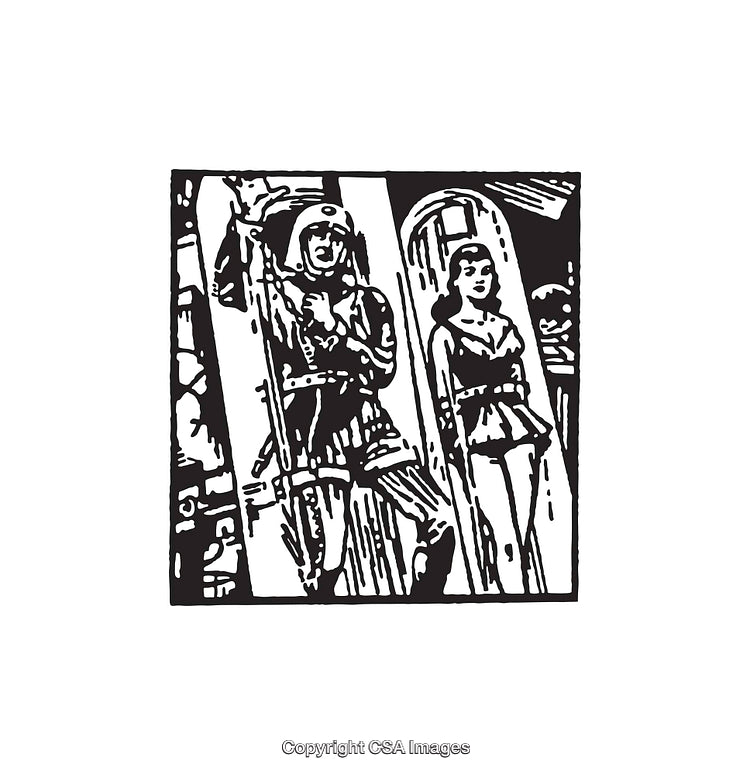 Vintage Black and White Line Art of Couple in Retro Sci-Fi Scene