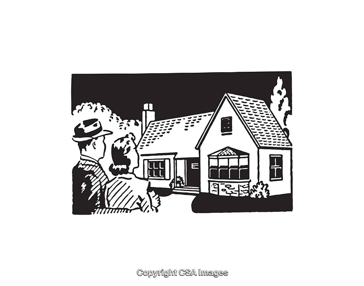 Vintage Black And White Illustration of a Couple Viewing a Small House