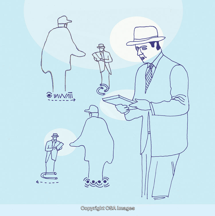 Outline Illustrations of a Businessman Reading and Pondering Concepts