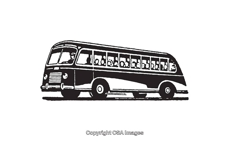 Retro Black and White Illustration of a Vintage Bus Depicting Travel