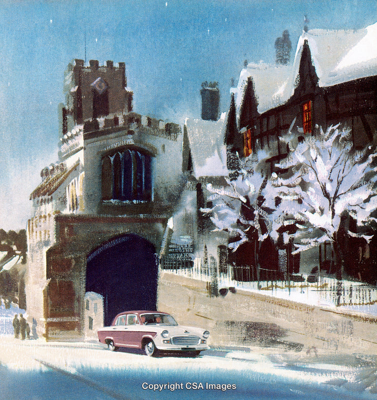 Winter Scenic Town With Church and Vintage Car Under Snowfall