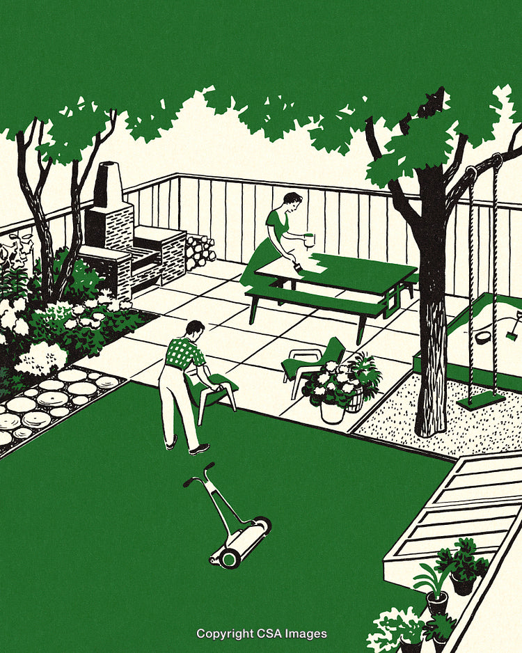 Retro Illustration of Family Garden Maintenance and Outdoor Chores in a Yard