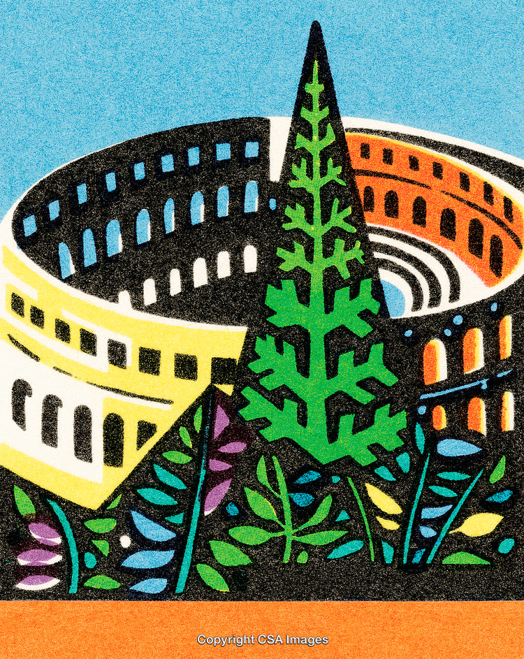 Vibrant Illustration of Roman Colosseum with Surrounding Greenery and Clear Blue Sky