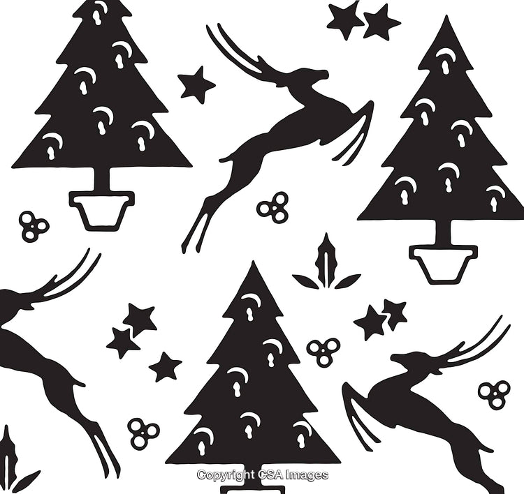 Black and White Pattern with Reindeer, Christmas Trees, and Holiday Symbols