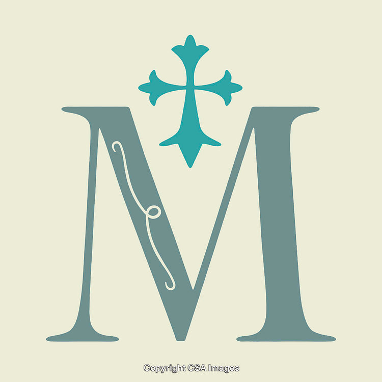 Stylized Letter M Design with Cross Icon on Light Background