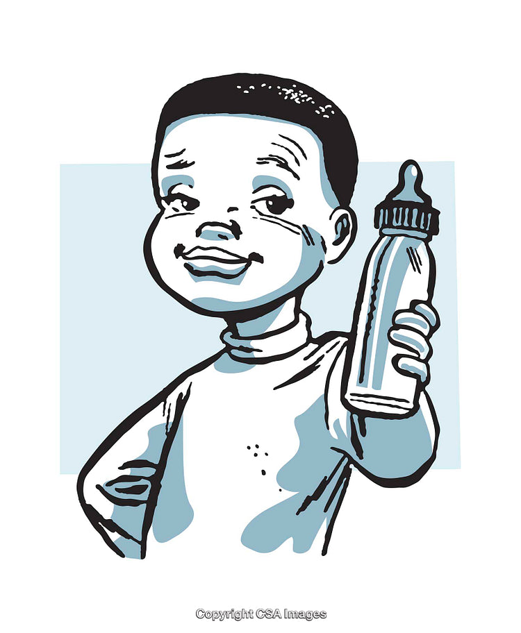 Illustration of a Child Holding a Baby Bottle with a Confident Smile
