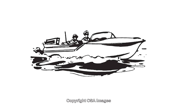 Black and White Line Art of a Speedboat on Water