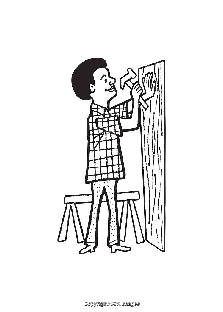 Illustration of a Carpenter Working with Wood in Black and White