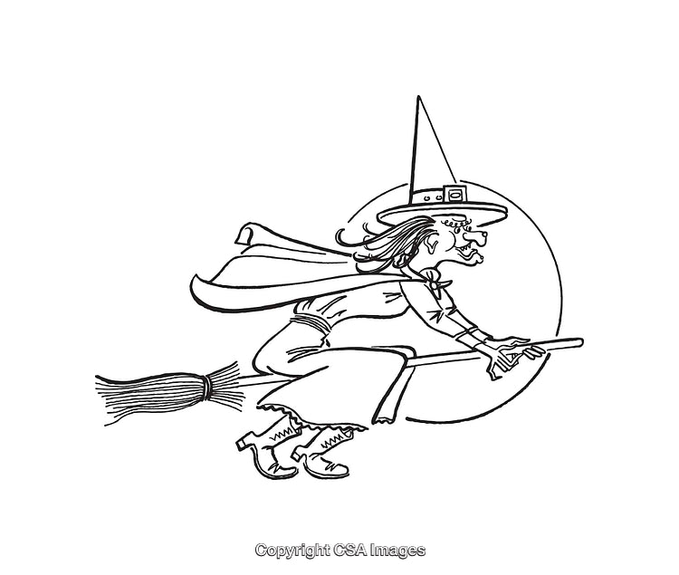 Black and White Line Art of a Witch Flying on a Broomstick