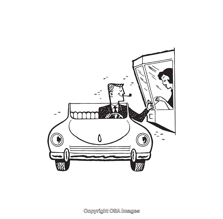 Illustration of a Man Receiving Service at a Drive-Through Counter