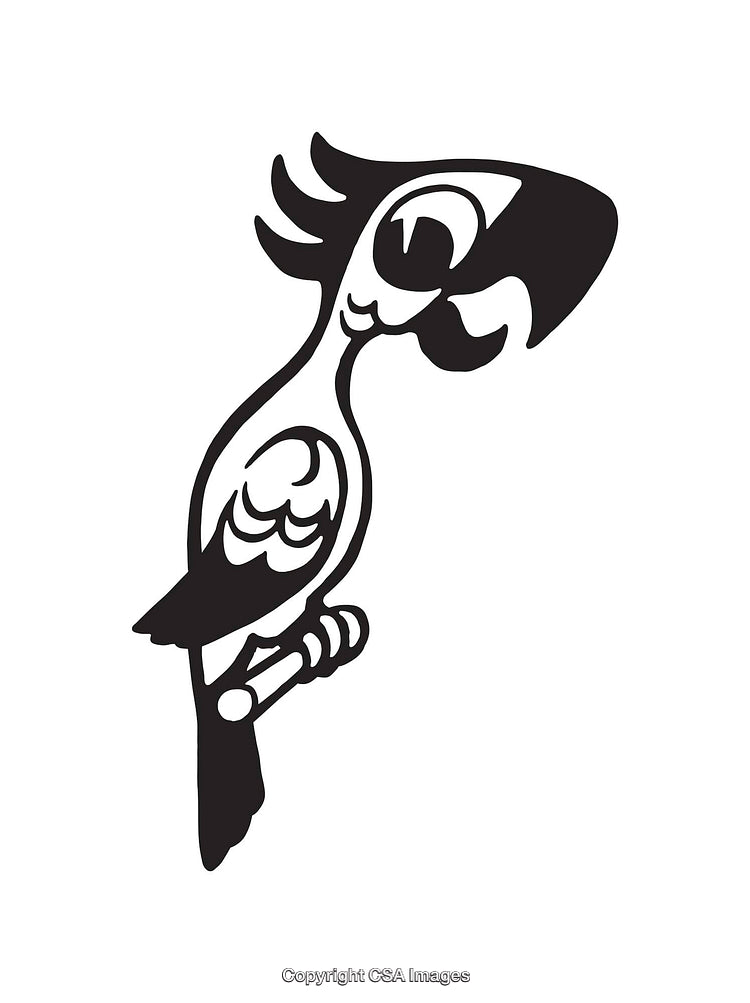Black and White Line Art Illustration of a Parrot on a Perch