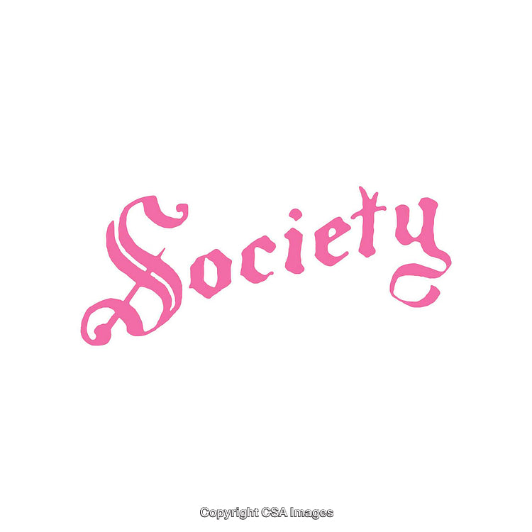 Pink Gothic Font Spelling Society on White Background