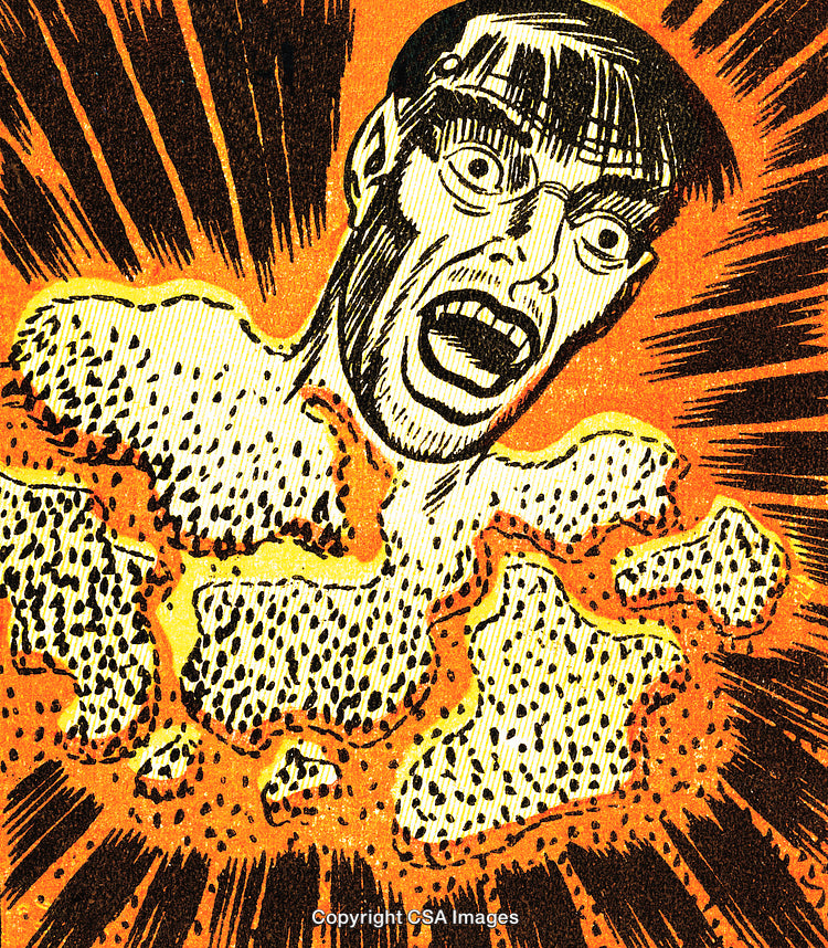 Dramatic Comic Illustration of a Shocked Character Disintegrating in Bright Colors