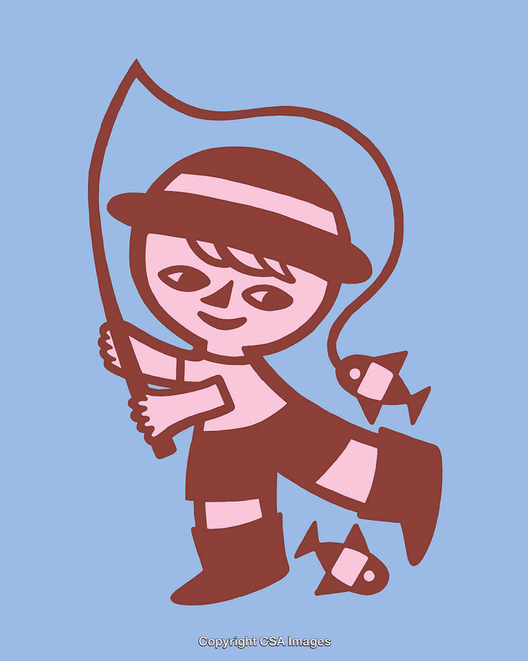 Charming Illustration of a Boy Fishing with Playful Cartoon Style