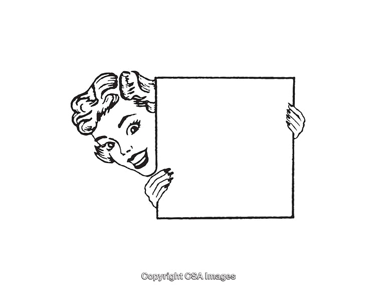 Vintage Style Line Art of Woman Peeking Around a Blank Sign