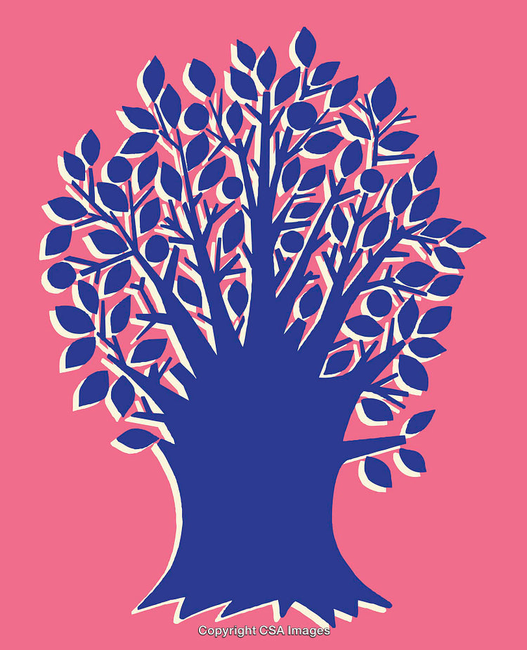 Abstract Blue Tree Silhouette on a Vibrant Pink Background