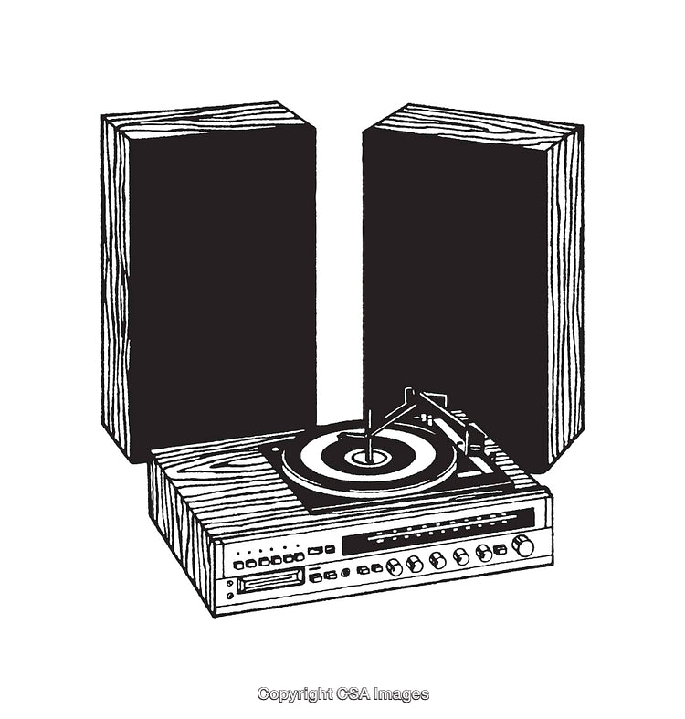 Classic Vinyl Record Player with Speakers in Retro Line Art Style