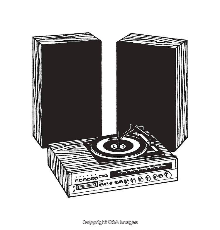 Classic Vinyl Record Player with Speakers in Retro Line Art Style