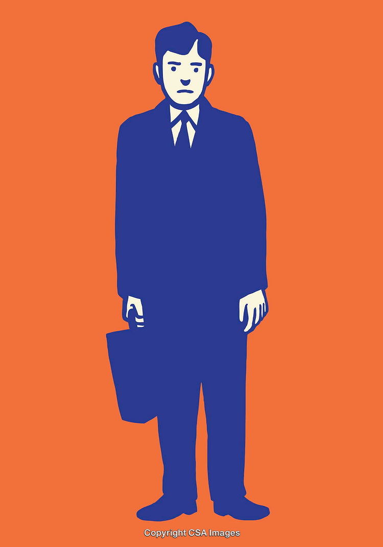 Minimalist Blue Businessman Illustration on Orange Background