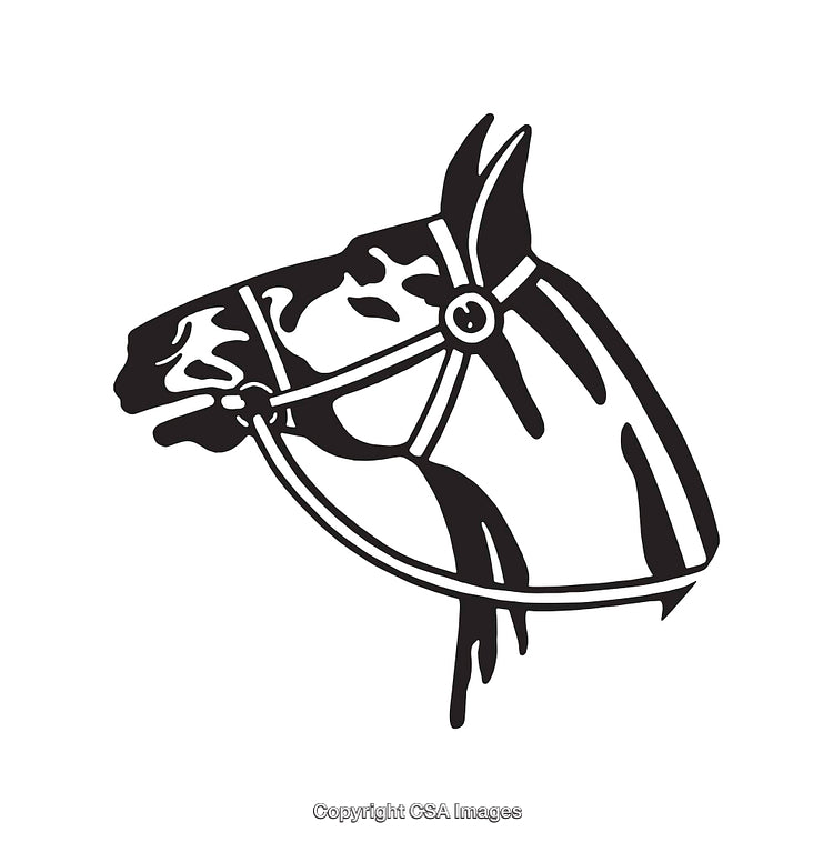 Black and White Line Art of Horse Head with Bridle Design