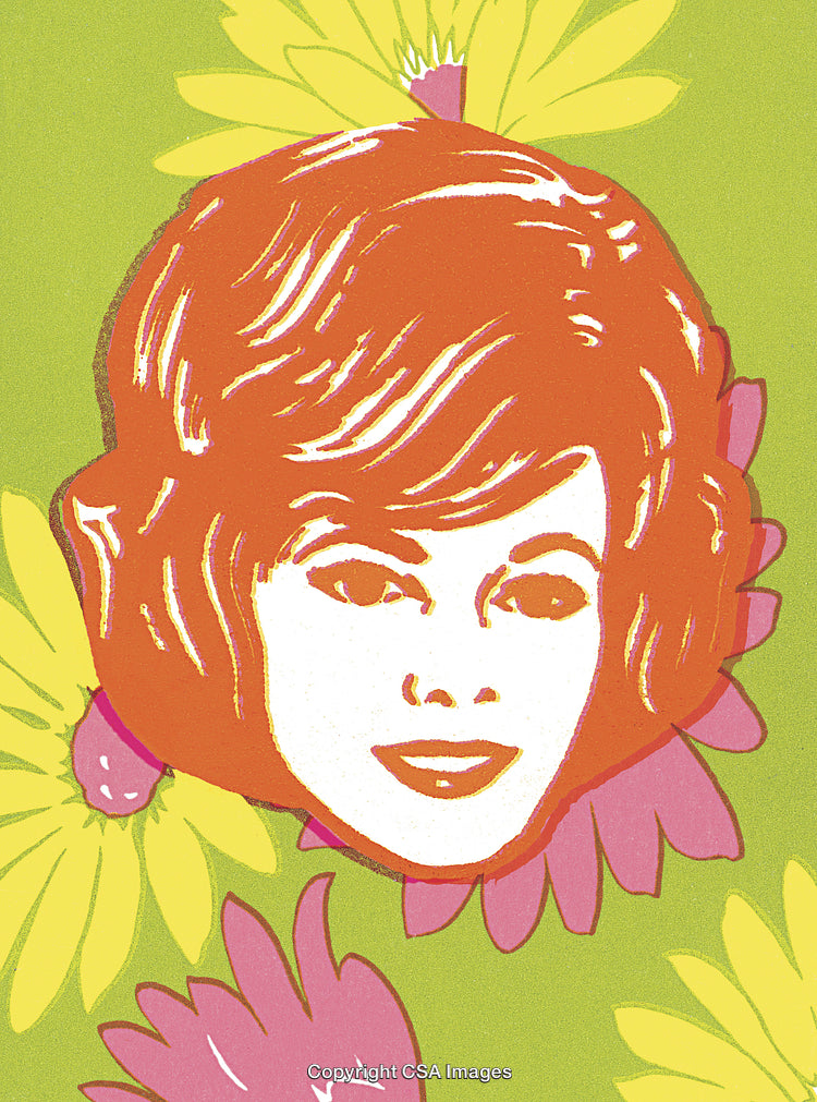 Retro Illustration of Woman with Floral Decor on Green Background