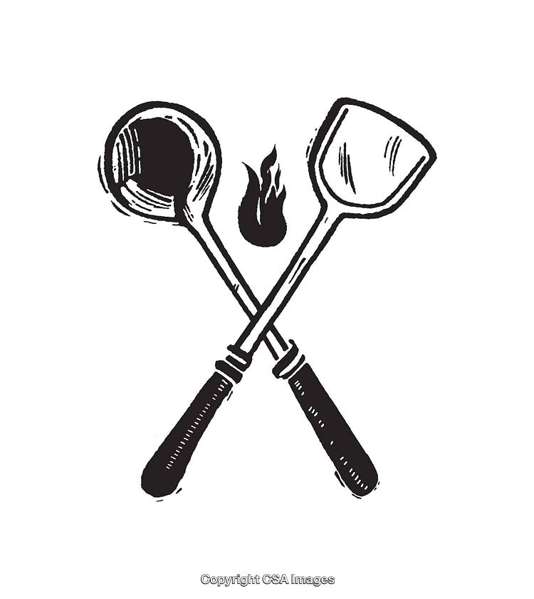 Black and White Illustration of Crossed Kitchen Utensils and a Flame