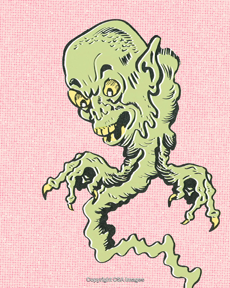 Colorful Comic Illustration of a Green Goblin-Like Creature on Pink Background