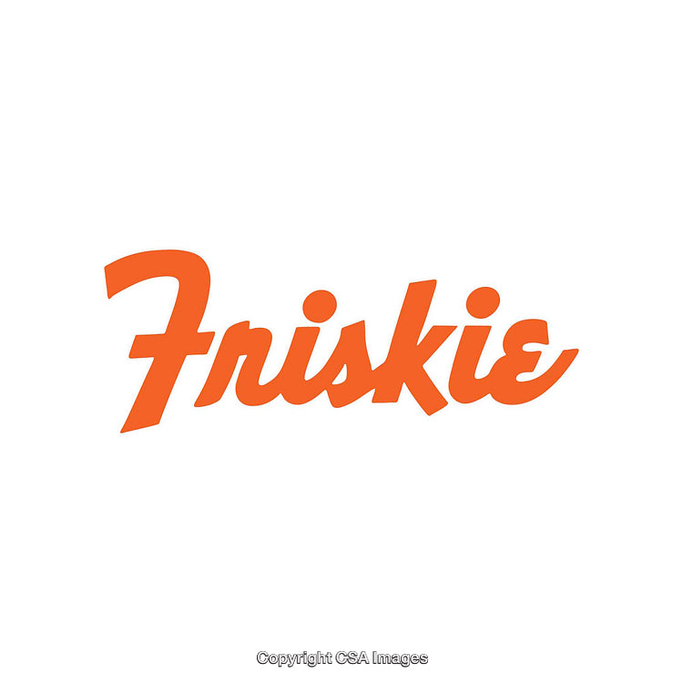 Stylized Orange 'Friskie' Logo on White Background with Bold Typography
