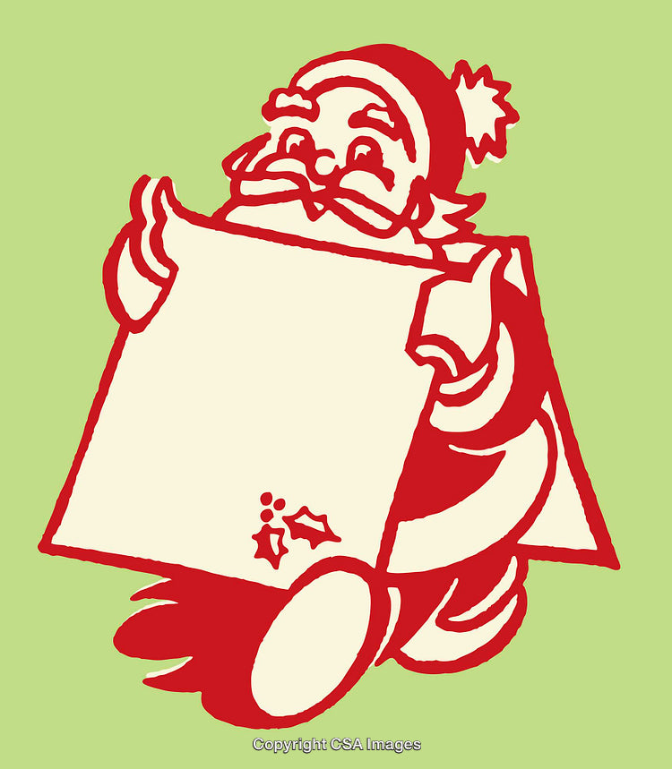 Santa Claus Reading a Checklist on a Joyful Holiday Green Background