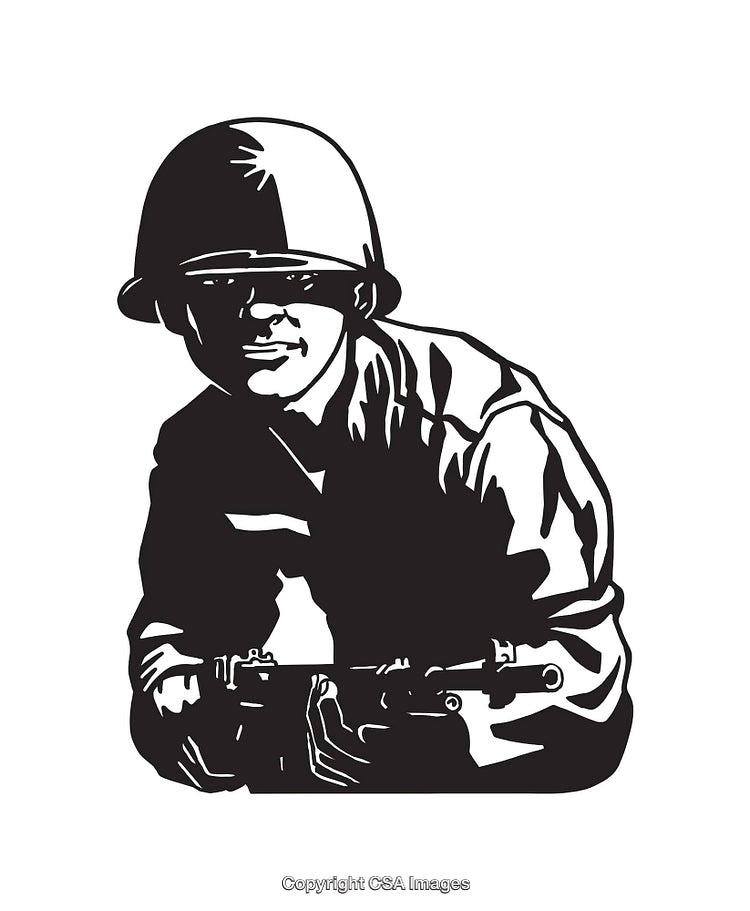 Black and White Line Art of Soldier Holding Weapon