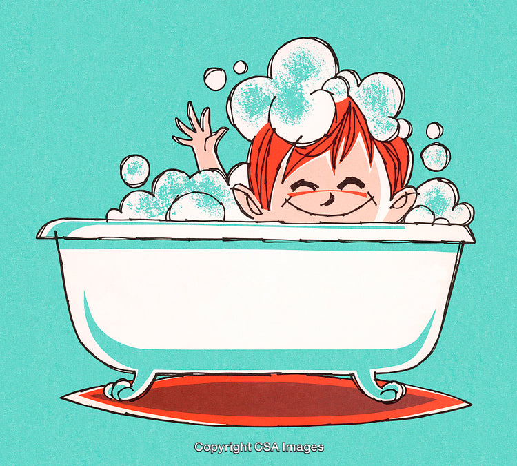 Happy Child Enjoying a Bubble Bath in White Bathtub with Blue Background