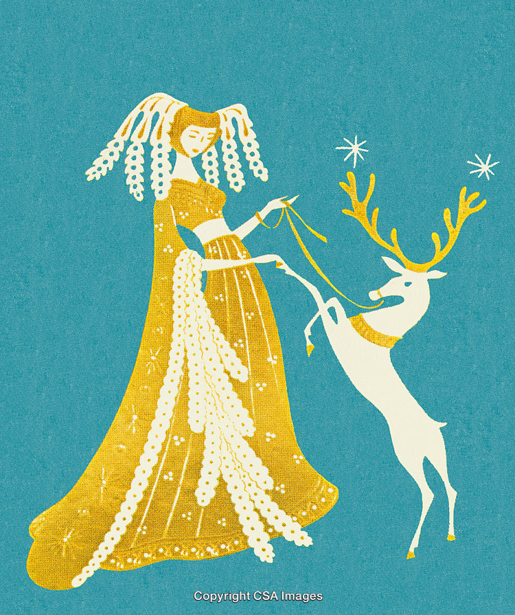 Elegant Woman in Golden Dress with Enchanted White Stag on Blue Background