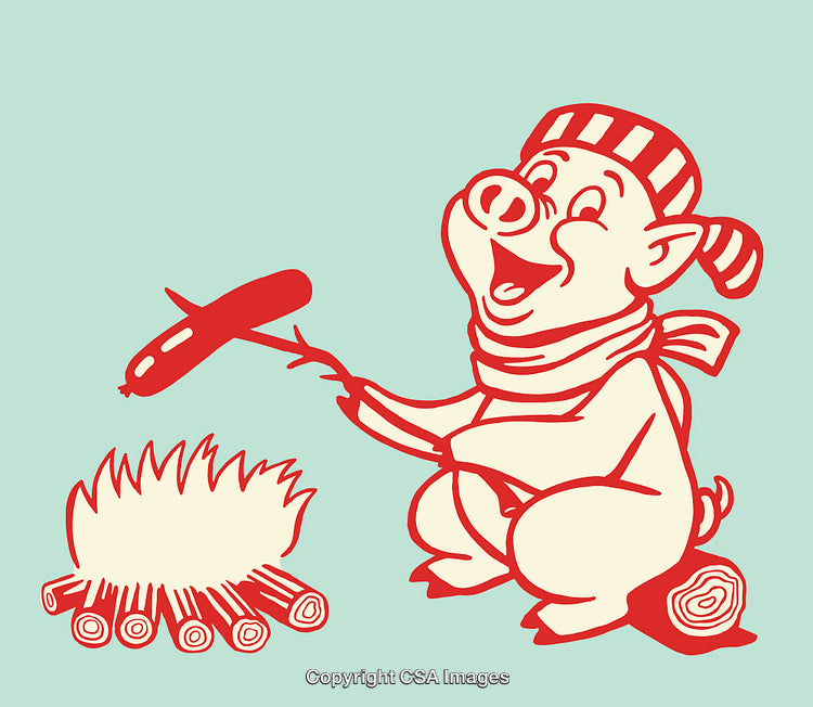 Retro Illustration of a Cheerful Pig Roasting Sausage Over Campfire