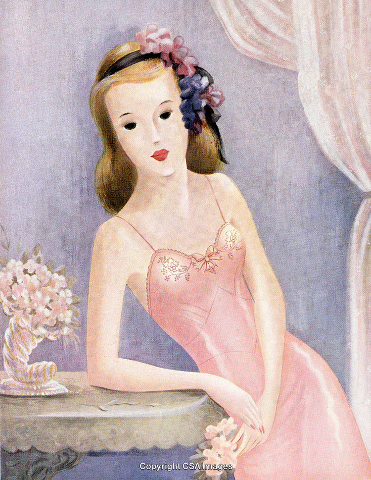 Elegant Woman in Pink Gown with Floral Accessories in Vintage Style Artwork