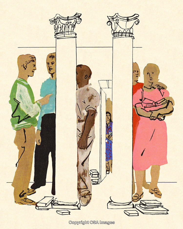 Artistic Illustration of People Interacting in a Columned Setting