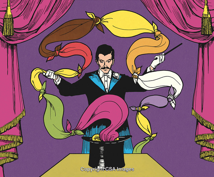 Magician Performing Colorful Scarf Trick on a Stage Curtain Background