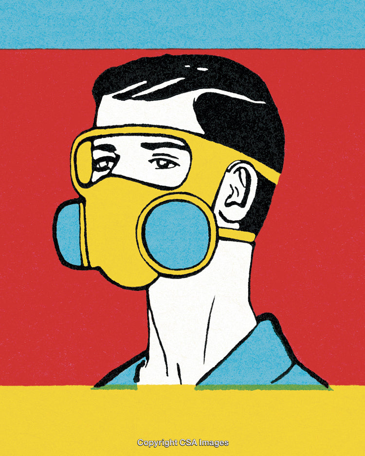 Stylized Portrait of a Man Wearing a Yellow Protective Gas Mask