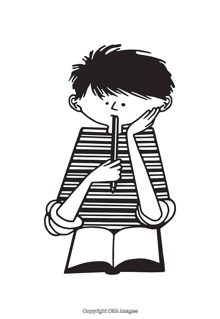 Black And White Illustration of a Pensive Child Holding a Pencil Over an Open Book