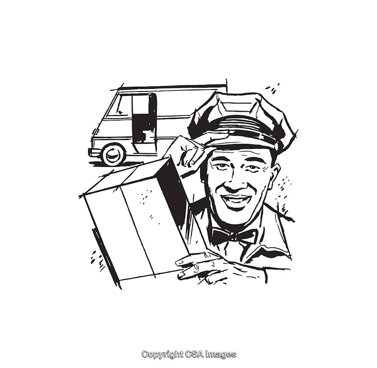 Vintage Delivery Driver Illustration With Box and Van in Black and White