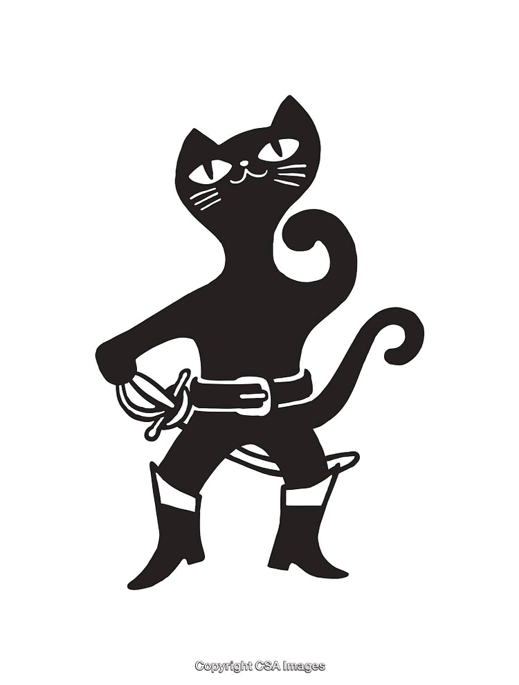 Swashbuckling Cat Character in Black and White Line Art Design