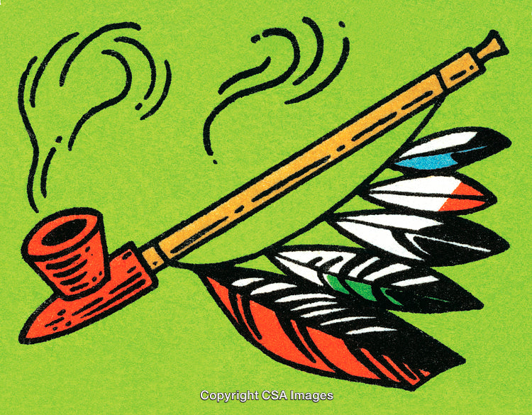Traditional Pipe with Colorful Feathers on a Green Background