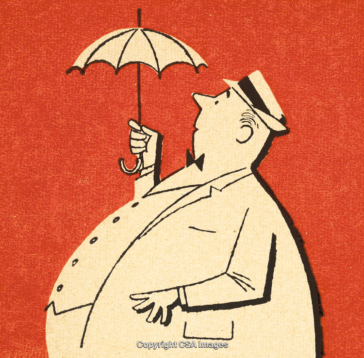Cartoon Illustration of Man with Umbrella on a Retro Red Background