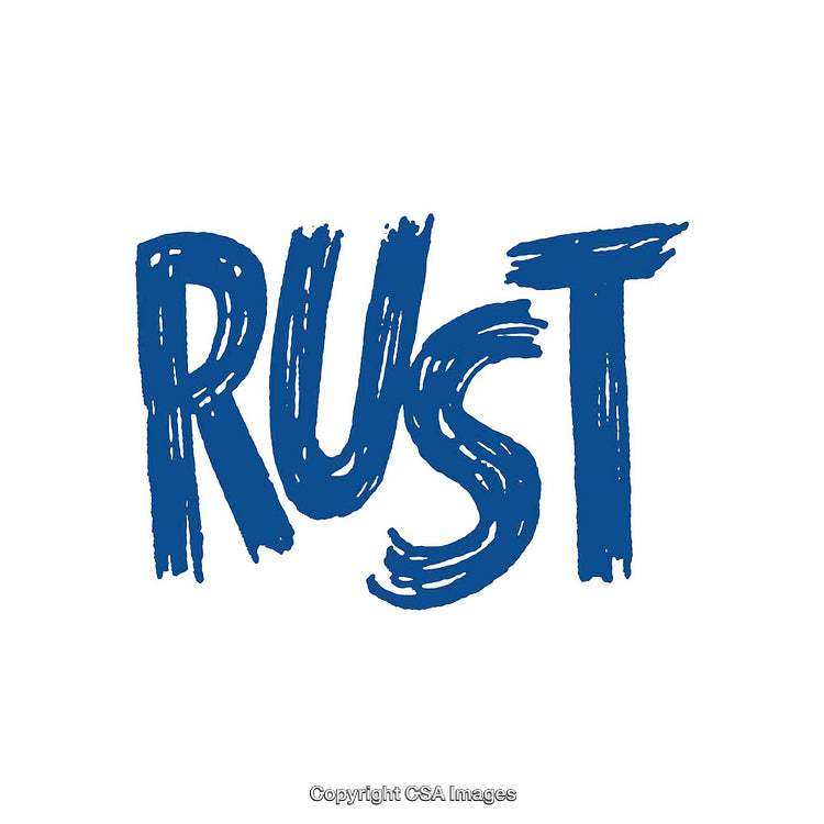 Hand-Drawn Blue Calligraphic Typography of the Word Rust on White Background