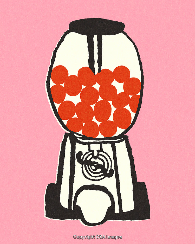 Retro Gumball Machine with Vintage Design and Red Gumballs on Pink Background