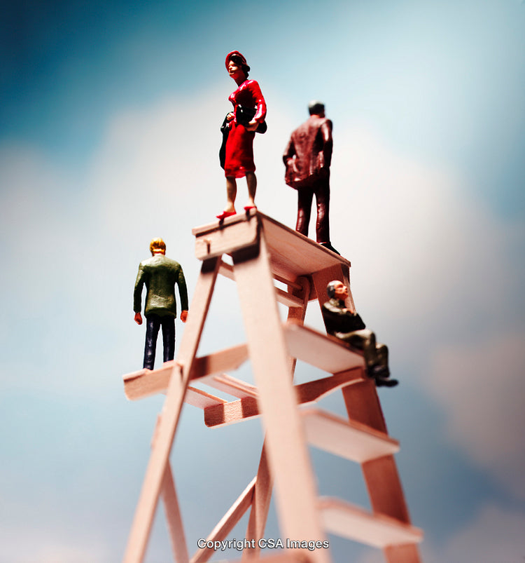 Miniature Figures on Wooden Ladder Representing Hierarchy and Career Advancement