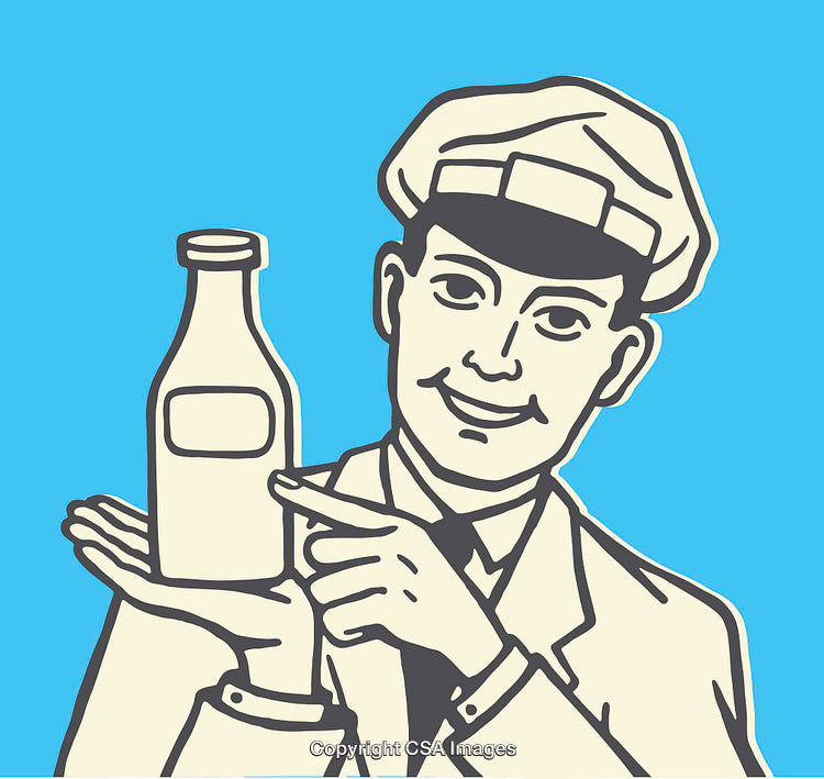 Retro Line Art Illustration of Milk Delivery Man in Friendly Posture