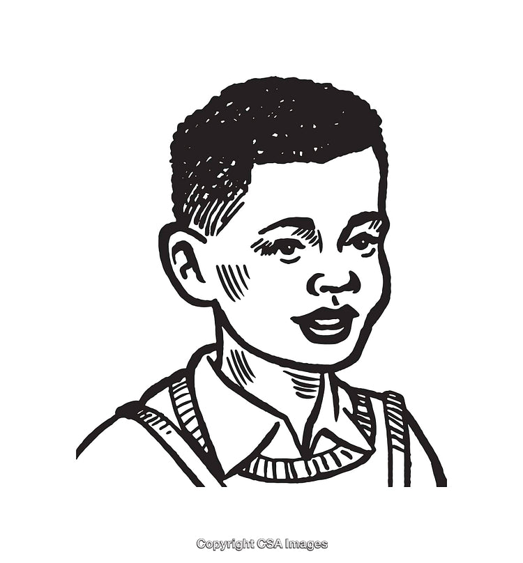 Black and White Line Art Illustration of a Young Boy in Profile