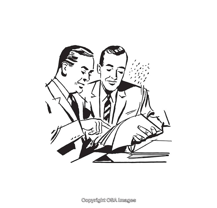 Vintage Black and White Illustration of Businessmen Reviewing a Document