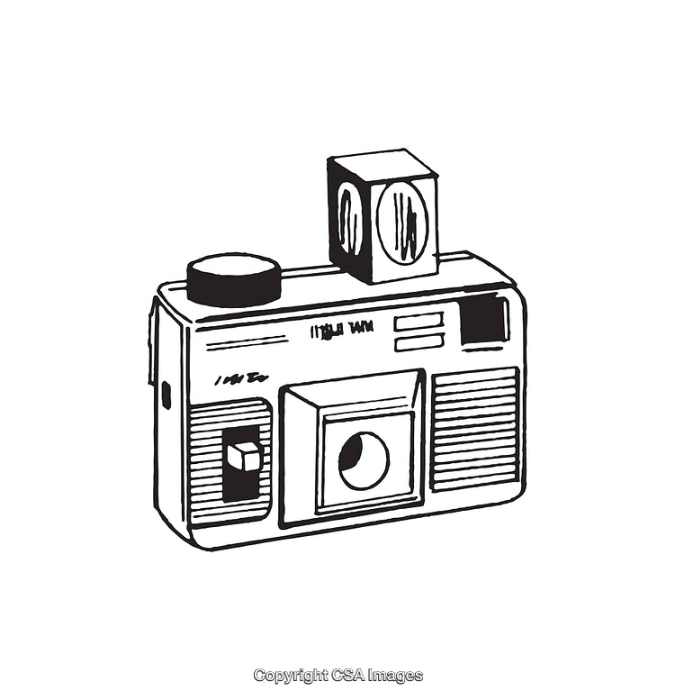 Black and White Line Art Illustration of a Vintage Camera